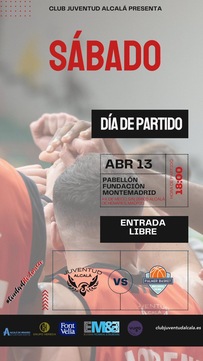 Club Juventud Alcalá (@cjuventudalcala) on Twitter photo 𝙀𝙇 𝙋𝘼𝙍𝙏𝙄𝘿𝙊 𝘿𝙀 𝙇𝘼 𝙏𝙀𝙈𝙋𝙊𝙍𝘼𝘿𝘼.
✊🥁🚩 Nos vemos en casa, Alcalá de Henares.
🆚 <a href="/palmerbasket/">Palmer Basket Mallorca Palma</a>
🗓 13/04
🕕 18:00
🏟 Pabellón @escribanoEMyE
🎫 Acceso libre
📺 Canal FEB
#CiudadHistorica 𝙀𝙇 𝙋𝘼𝙍𝙏𝙄𝘿𝙊 𝘿𝙀 𝙇𝘼 𝙏𝙀𝙈𝙋𝙊𝙍𝘼𝘿𝘼.
✊🥁🚩 Nos vemos en casa, Alcalá de Henares.
🆚 <a href="/palmerbasket/">Palmer Basket Mallorca Palma</a>
🗓 13/04
🕕 18:00
🏟 Pabellón @escribanoEMyE
🎫 Acceso libre
📺 Canal FEB
#CiudadHistorica