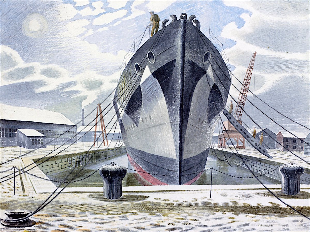 A Warship in Dock, Eric Ravilious, 1940. This dates from his time in #Kent at the start of #WW2 and may be Chatham Dockyard. The original artwork is in the collection of @I_W_M.