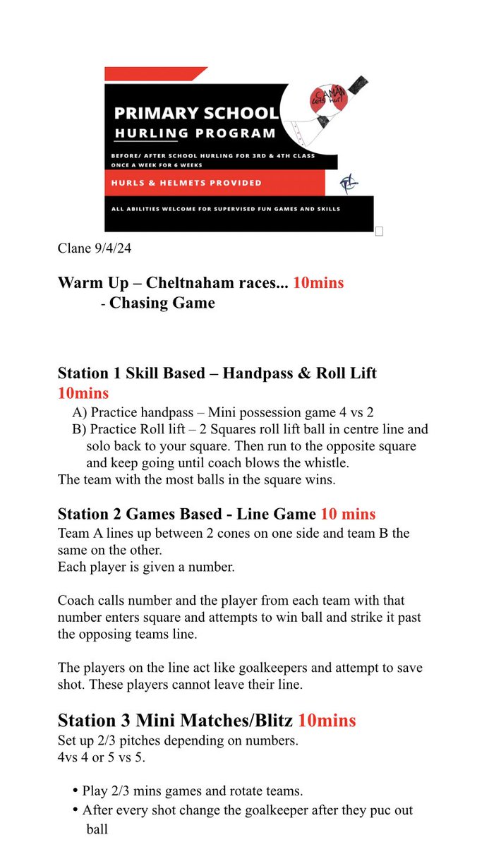 Session plan from our morning <a href="/Clane/">clane</a> boys school during the week.
Great work being done by school teachers and club coaches. 22 boys thoroughly enjoyed their mornings hurling 🏳️🏳️