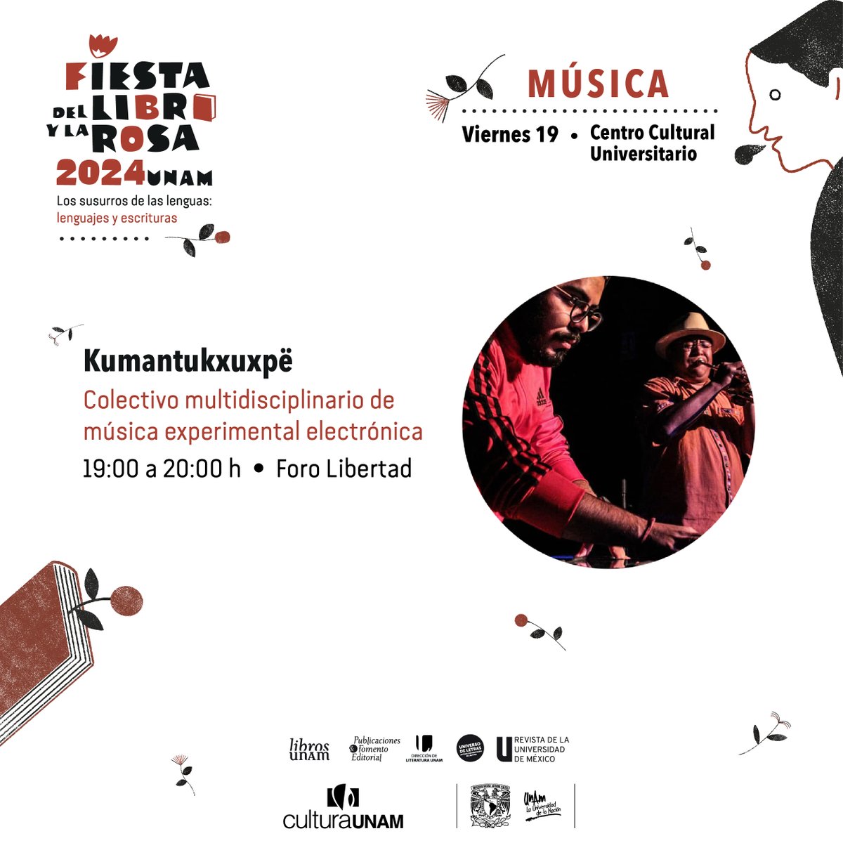 En la #FiestaLibroYRosa el primer día va estar así: 📕Homenaje a José Agustín 🌹Palomazo de @julian_herbert y @jaimelopez_ 📕El lenguaje de las imágenes con @Magallanes71 y Valeria Gallo 🌹Música experimental con @BXuspe