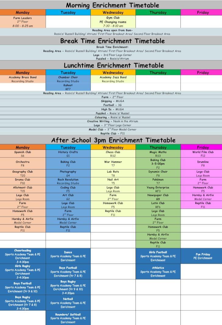 Our Enrichment timetable for this half term, we have some exciting new enrichment such as Athletics, Latin club and Softball. 🥎