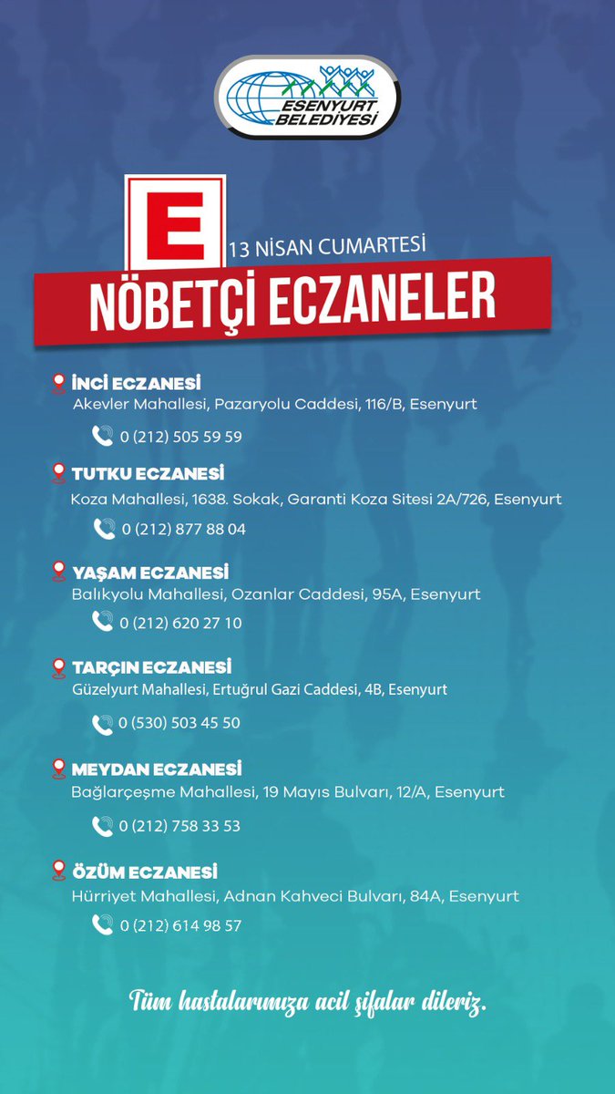 13 Nisan Cumartesi ilçemizdeki nöbetçi eczaneler. 🥼 Sağlıklı günler dileriz…💧