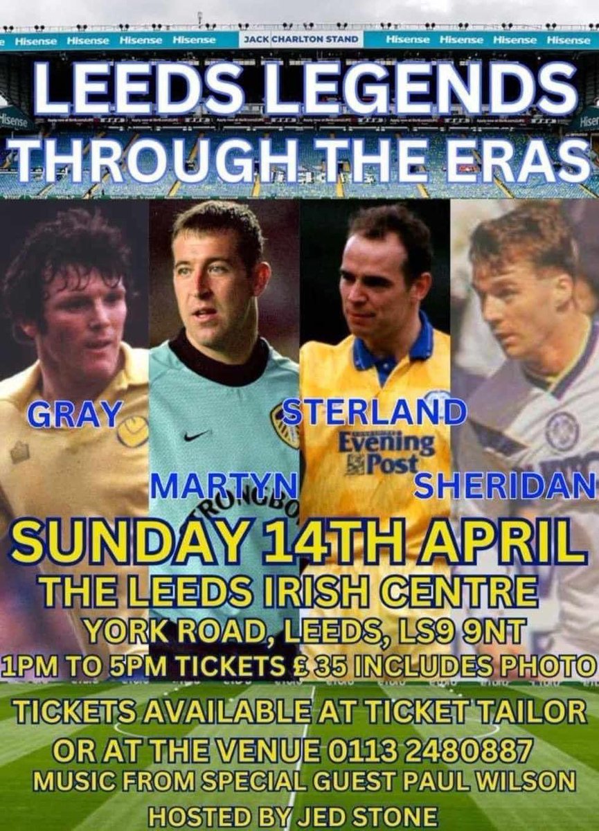 @LUFC fans, big show is tomorrow, last few tickets available for afternoon @LUFC Legends show this Sun 14th April, Leeds Irish Centre. Tickets available from the venue or  below includes full colour photo with the boys. #MOT #LeedsUnited #ALAW #WACCOE

buytickets.at/tdevents/10630…