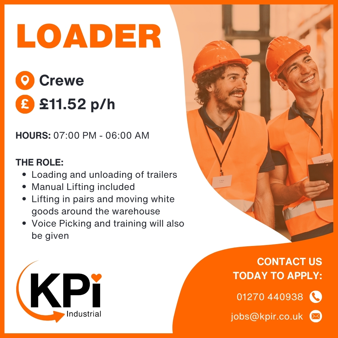 **LOADER** Crewe. £11.52 p/h

Call 01270 440938 or email jobs@kpir.co.uk to apply.

Visit bit.ly/KPIIndJob to find MORE Jobs like this!

#Loader #WarehouseOperatives #WarehouseWork #CreweJobs #NantwichJobs #CongletonJobs #WinsfordJobs #Jobs #KPIRecruiting