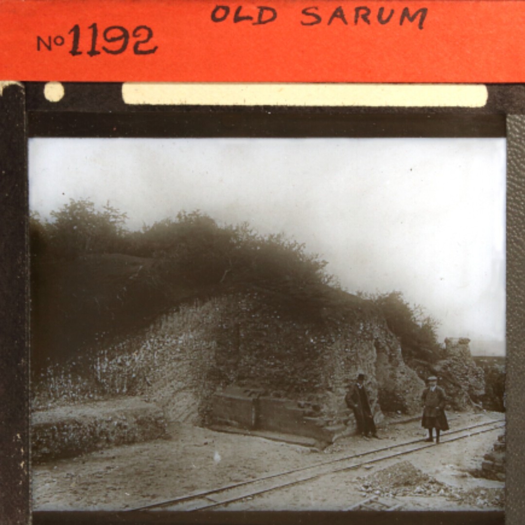 This glass slide is a portal back in time, showing early excavations at Old Sarum. Old Sarum remains one of the most significant monuments in southern England, essential to our understanding of political, administrative and cultural developments in the Anglo-Norman period.