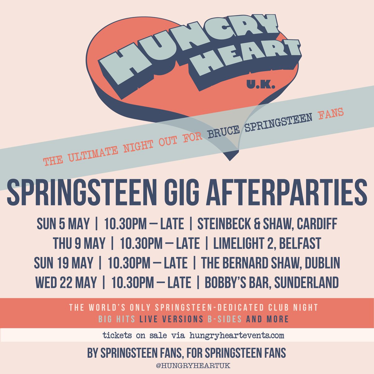 WOW! Cardiff, Belfast, Dublin &amp; Sunderland Springsteen afterparty tickets have been FLYING! Grab your tix to make sure you’re in the room - limited £5 tix remaining before they go up! hungryheartevents.com