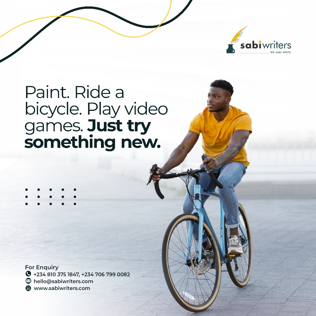 This weekend, try something new.

Paint a masterpiece, explore the streets on a bike, or conquer a virtual world.

The possibilities are endless.

#wesabiwrite #contentcreationcompany #weekendmood #breaktheroutine #newadventureawaits