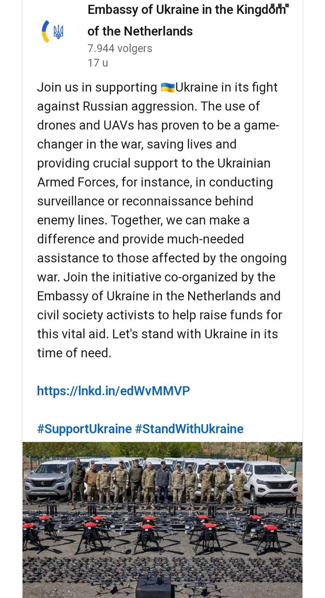 Its very nice to see that the Dutch Ukrainian embassy has rallied behind this initiative to buy 150 drones for our frontline troops! Please consider donating money to make this an amazing success! You can find the link in the post ⬇️ please like and re-post if you support!…