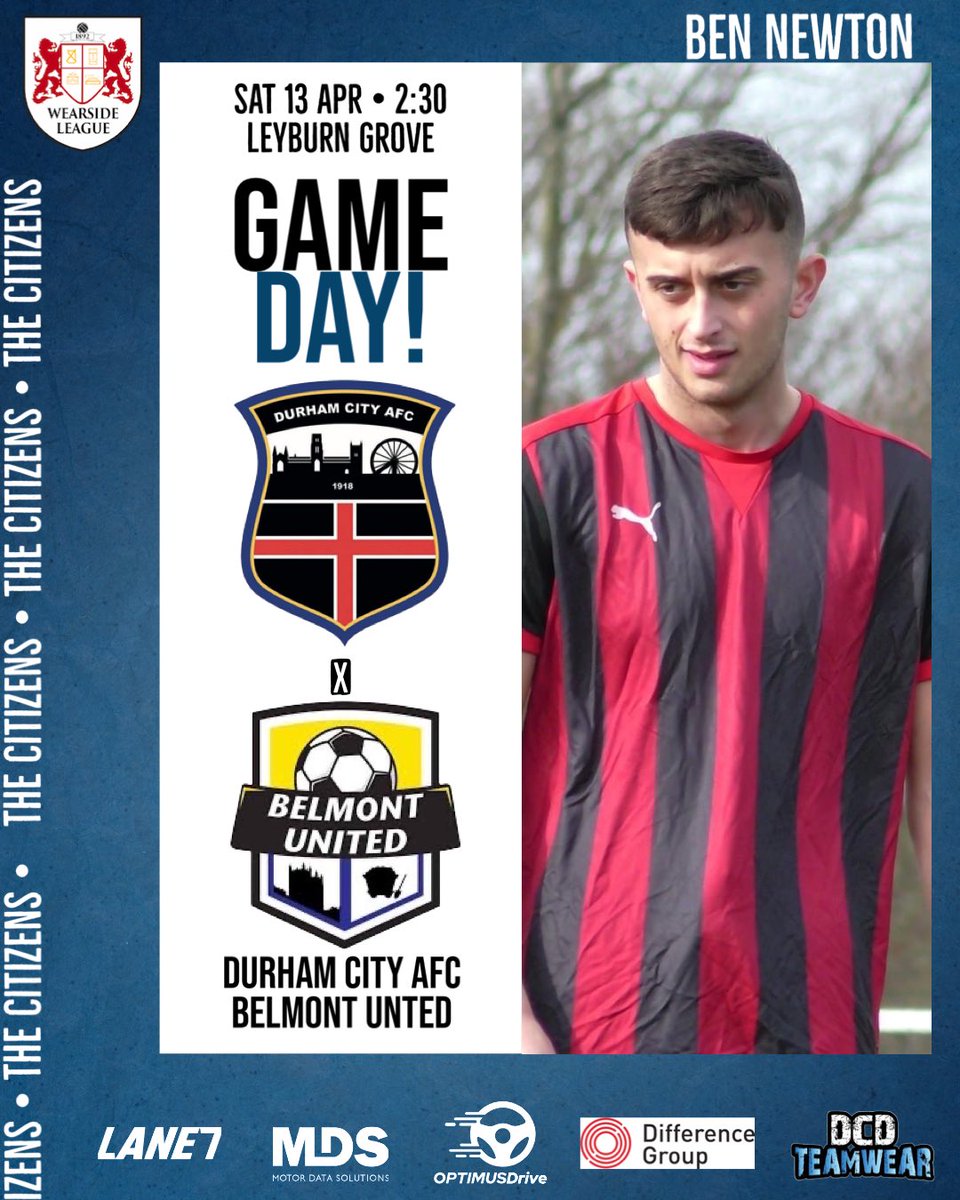 It’s match day!

⚔️ @BelmontUnitedFC 
📆 Saturday 13th April
⏰ 14:30pm
🏟️ Leyburn Grove, Houghton-Le-Spring, DH4 5EQ
🎟️ Adults £3, concessions £2, U16’s £1
🚘 Free parking

Lane7 | Motor Data Solutions | @DCDTeamwear | @differencegrpuk | Optimus Drive

#DurhamCityAFC #DCAFC…