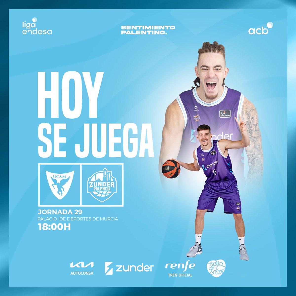 💜 ¡Hoy no es un día cualquiera… HOY JUEGA ZUNDER PALENCIA! 💥👏🏼 🆚 @UCAMMurcia 🏀 #LigaEndesa J.29 ⌚️ 18h 🏟 Palacio Deportes Murcia 📺 M+ Deporte 💜 #SentimientoPalentino 👌🏼 @grupoautocyl @zunder_es @Renfe @tierradesabor