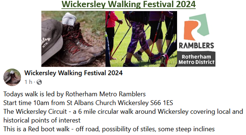 #saturday Wickersley Walking Festival 2024 walk led by Rotherham Metro Ramblers 

Start time 10am from St Albans Church Wickersley S66 1ES

#walkingfestival #walk #familytime #walkforhealth #walkingtogether #wickersley