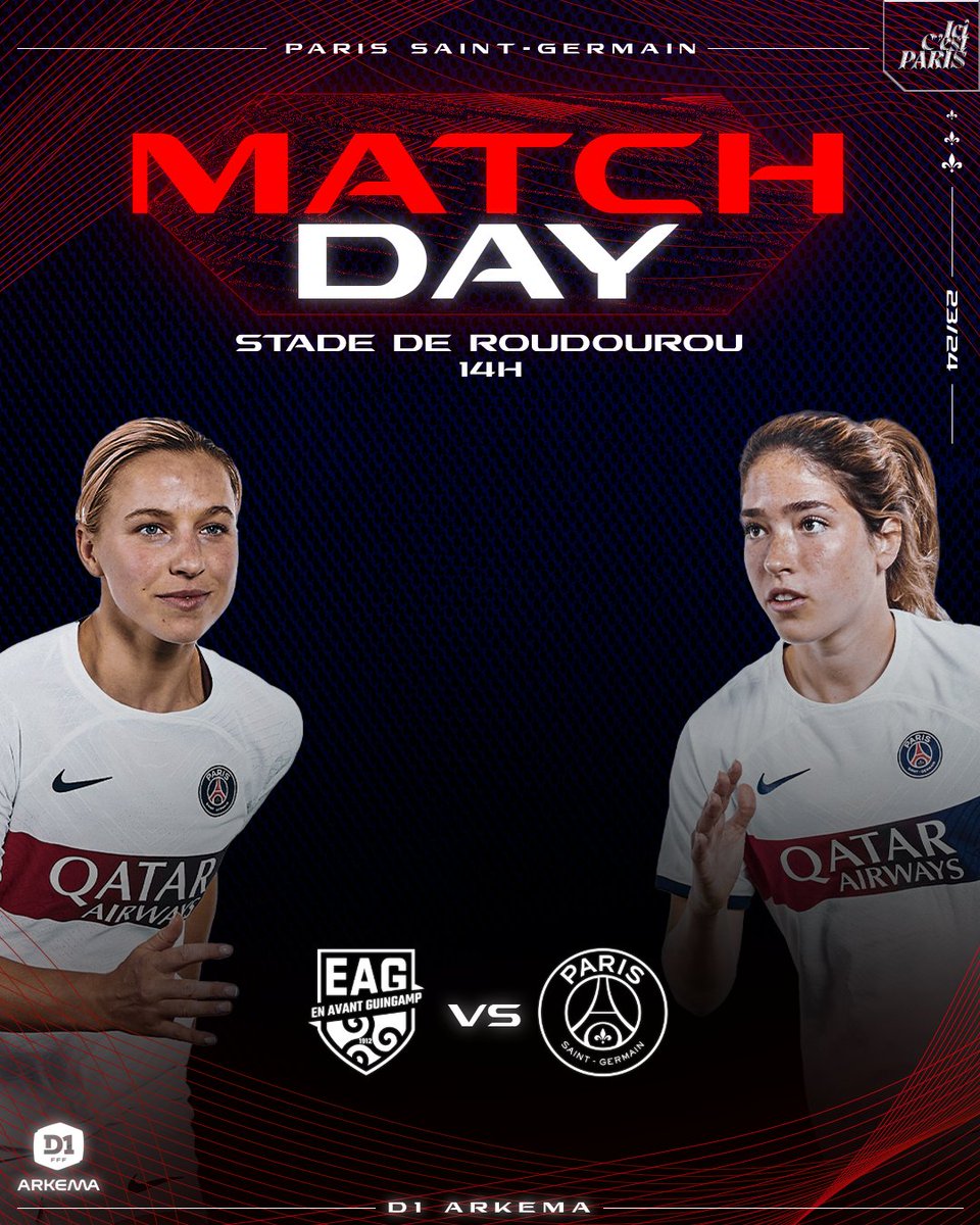 ⚽️ Jour de Match - Match Day ⚽️

🆚️ EA Guingamp (F)
🏆 D1 Arkema, 20ème Journée 
🏟 Stade de Roudourou, Guingamp
⌚️ 14h
🖥 FFF TV 
#️⃣ #EAGPSG

#D1Arkema | #AllezParis