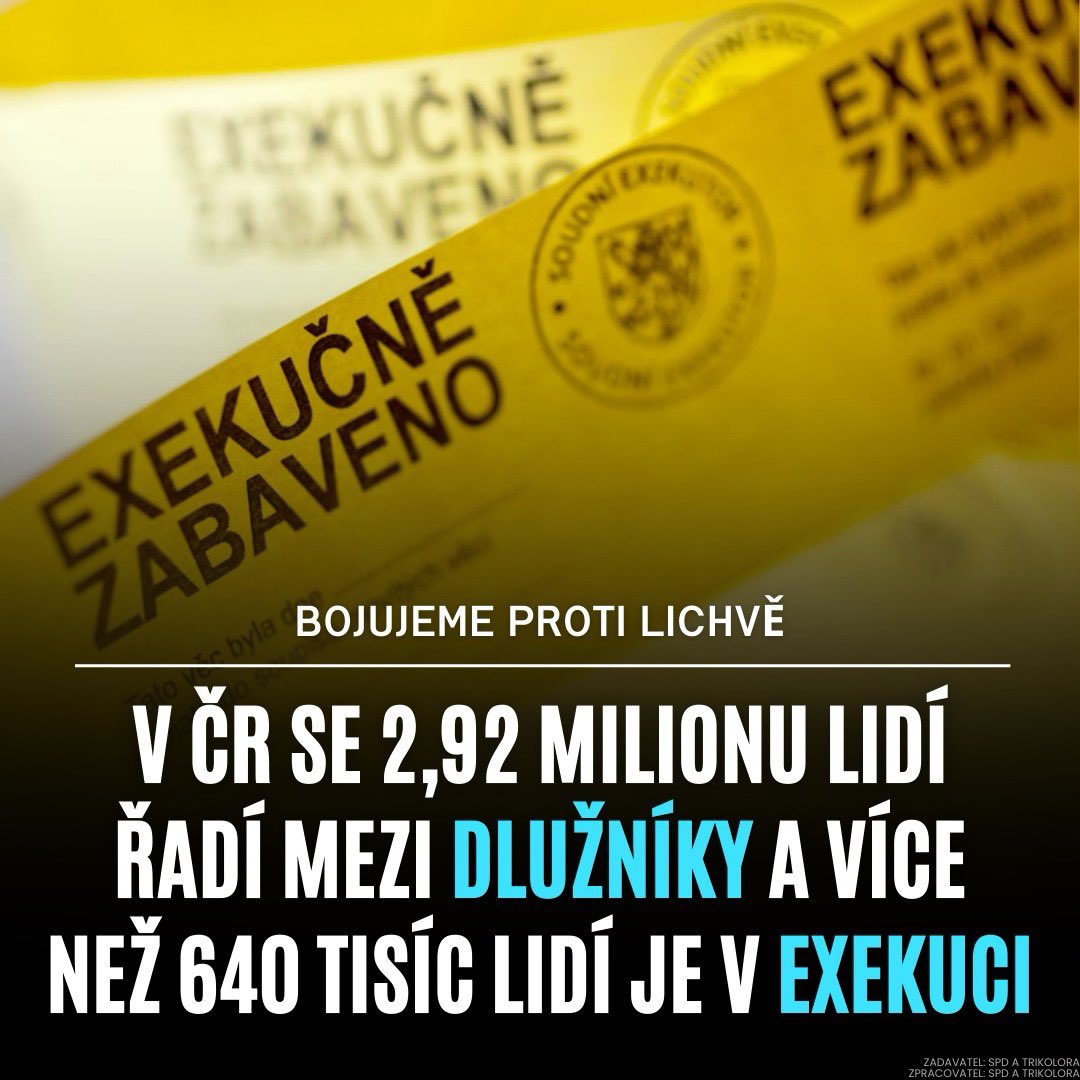 Další nelichotivé vysvědčení Fialovy vlády. 👎 V České republice se 2,92 milionu lidí (více než 26 procent obyvatel) řadí mezi dlužníky a více než 640 tisíc lidí je v exekuci. V roce 2023 bylo zahájeno 460 573 exekucí, s těmi se v České republice potýká celkem 644 857 lidí, kteří…