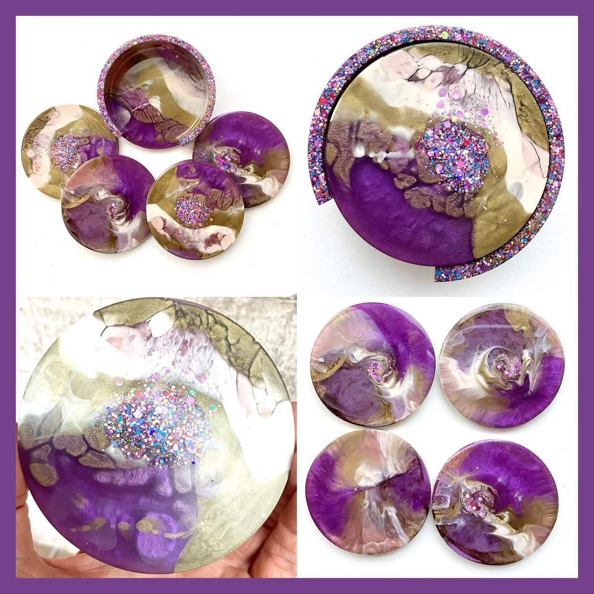 Excited to share a brand NEW set of 4 resin coasters with matching holder, in a purple, rose pink, lilac, gold & glitter design: muresindesigns.etsy.com/listing/171346… #UKGiftHour #UKGiftAM #shopindie #giftidea #smartsocial #CraftBizParty #etsyfinds