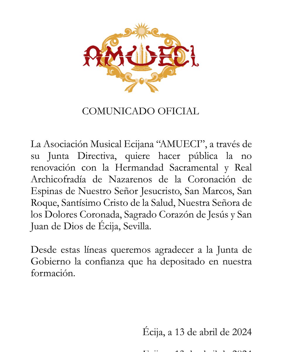 COMUNICADO OFICIAL | Hacemos pública la no renovación con la <a href="/HERMANDADSANGIL/">HERMANDAD DE SAN GIL</a> de <a href="/Ecija_Sevilla/">Ecija-Sevilla</a>  

#SuenaAmueci🎶