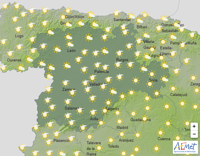 ¡Buenos días! Comenzamos el sábado con temperaturas más altas de lo habitual para estas fechas. Hoy se esperan máximas de hasta 28ºC en #CastillayLeón y las mínimas rondarán los 10ºC. Cielo soleados con alguna niebla matinal. Disfruta la jornada.