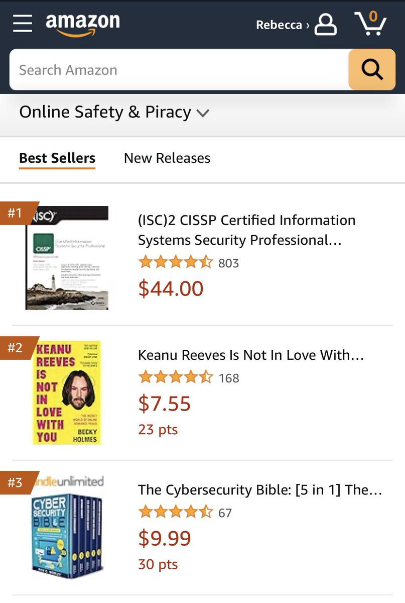 When you’ve dreamt of being #1 in the not-at-all-niche ‘Online Safety & Piracy’ chart on Amazon in the US since you were just a girl but the 9th edition of that damn ‘CISSP Certified Information Systems Security Professional Official Study Guide’ pips you to the post 🏴‍☠️