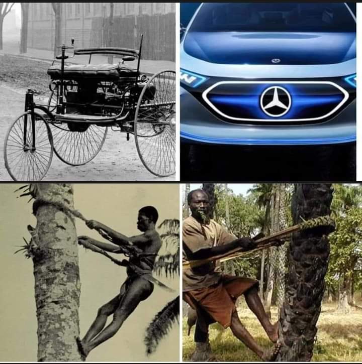 Take a look at this picture👇where a Mercedes from 137 years ago is compared to a modern one. It's incredible to witness the evolution over the years! In another image, you'll see our palm wine tapping system, crafted by our ancestors over 2000 years ago. Surprisingly, little…