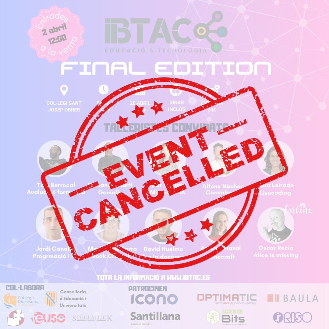 Lamentam informar-vos que a causa del baix nombre d’inscrits, ens veiem en la situació d’haver de cancel·lar #ibtac24 Final Edition.
La vostra confiança en la nostra organització i el vostre suport han estat inavaluables, és amb profunda tristesa que prenem aquesta decisió.