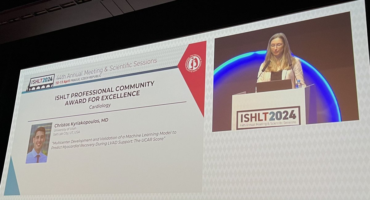 Congratulations to @CPKyriakopoulos 
For your #ISHLT2024 Award on 
„ Multicenter Development and Validation of a MachineLearning Model to Predict Myocardial Recovery During LVAD Support: The UCAR Score ♥️🏆
@StavrosDrakos 
@JosefStehlik 
@OmarWever 
@TomHanffMD 
@KevinShahMD