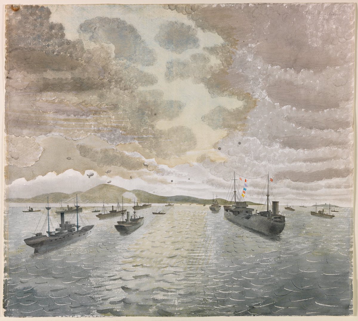 Convoy From a Merchant Ship at Anchor, Eric Ravilious, c.1942. The original artwork is in the collection of @I_W_M.