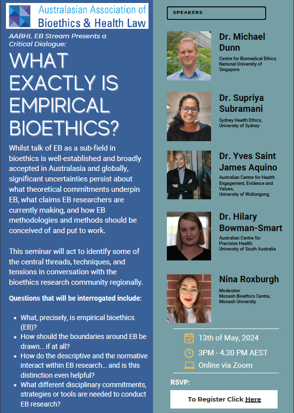 The @AABHL's Empirical Bioethics Stream is under new management! Myself, @Supriya_S5, @hbowmansmart, @yvessj_aquino and @nwroxburgh. We're kicking off a new program of online and in-person events with a 'critical dialogue' probing key questions. Register: uni-sydney.zoom.us/meeting/regist…