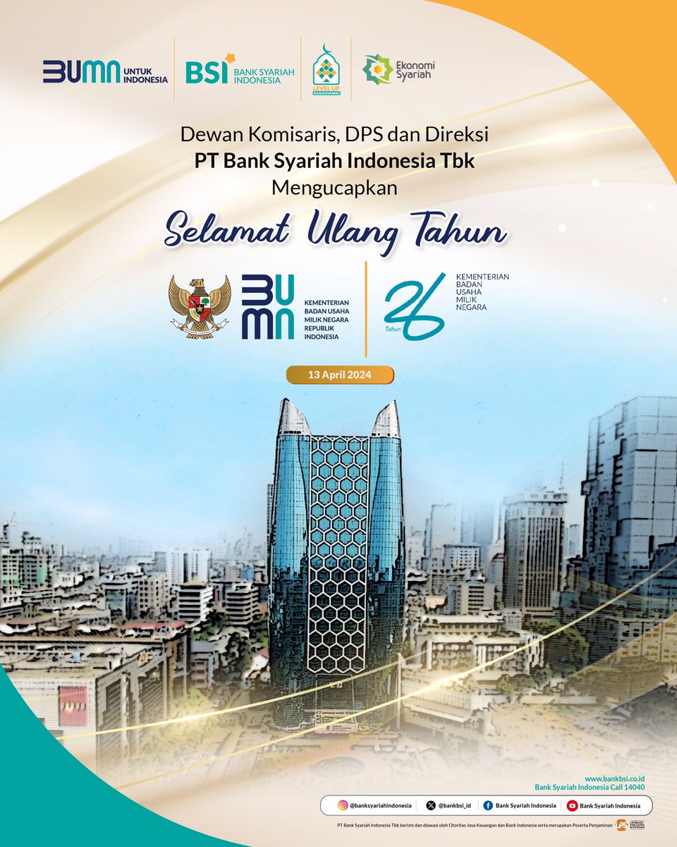 Selamat ulang tahun yang ke-26, Kementerian BUMN! Dewan Komisaris, DPS, dan Direksi PT Bank Syariah Indonesia Tbk dengan tulus mengucapkan selamat atas dedikasi dan kontribusi BUMN selama ini untuk mewujudkan perekonomian Indonesia yang lebih baik.