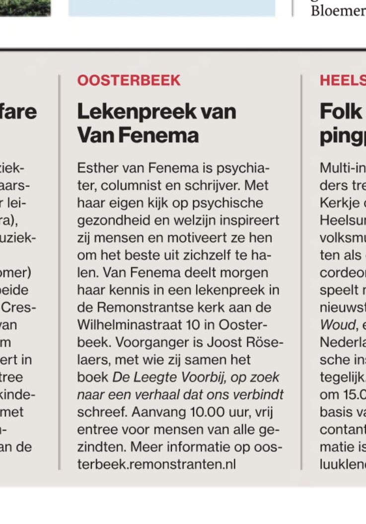 Morgen spreekt <a href="/EsthervanFenema/">Esther van Fenema</a> een overdenking uit bij de remonstranten in Oosterbeek. Wees van harte welkom (10.00 uur). De aankondiging uit De Gelderlander: