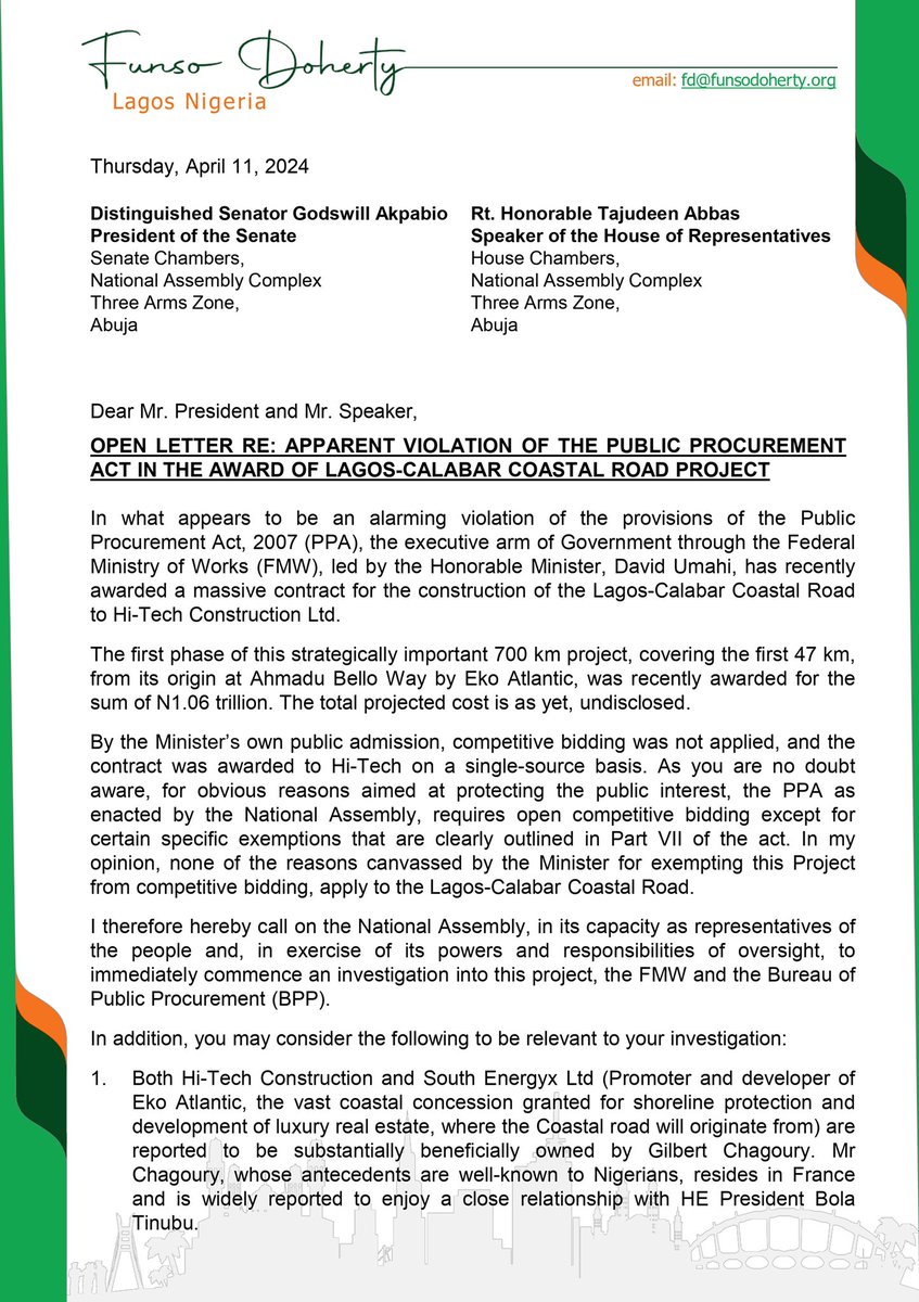 funsodoherty's tweet photo. I wrote to the National Assembly on the Lagos-Calabar Coastal Road. It’s a moment of truth and whether they will rise in defense of the public interest in this matter, remains to be seen. https://t.co/CHgszQVd9q