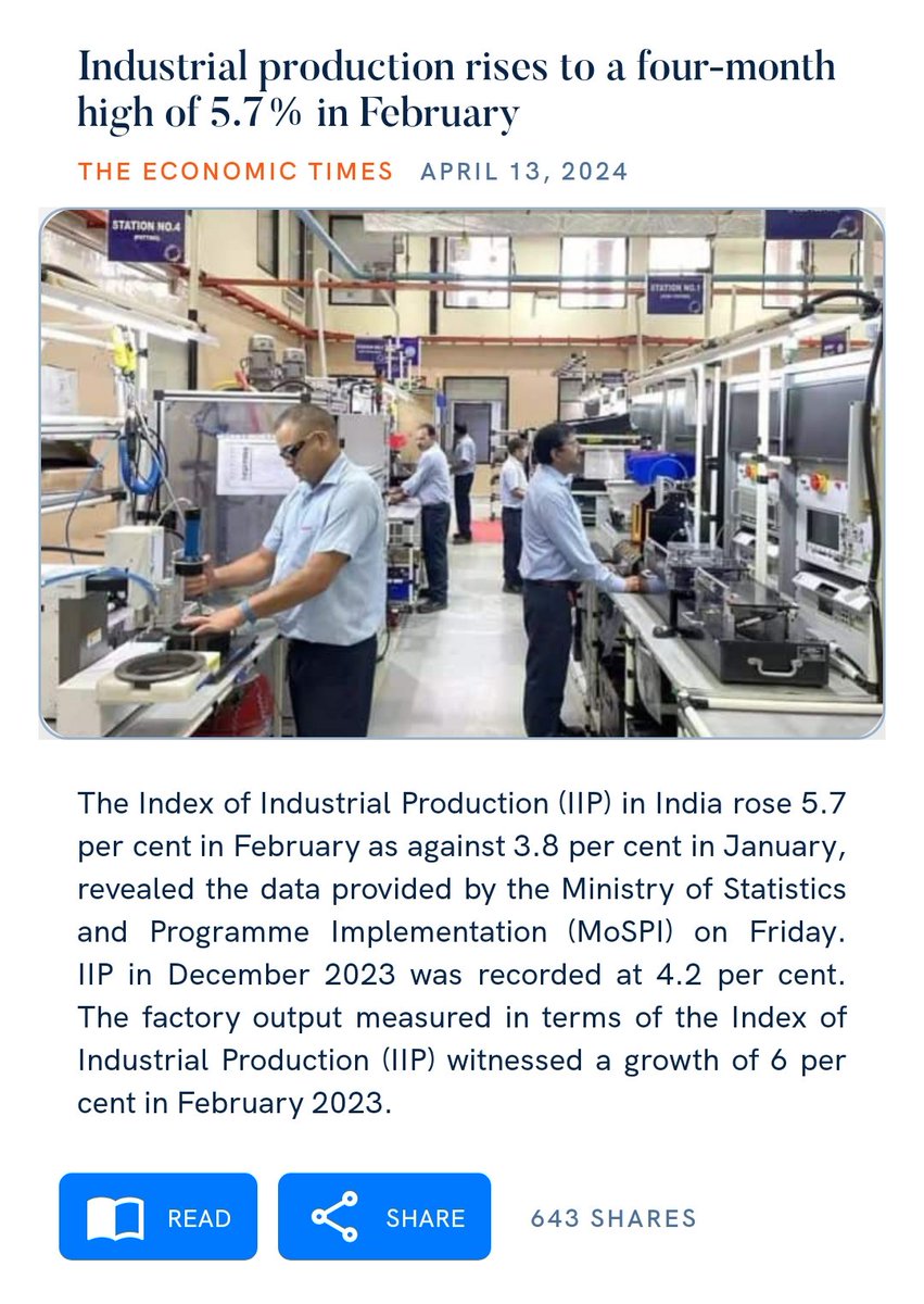 Industrial production rises to a four-month high of 5.7% in February economictimes.indiatimes.com/news/economy/i… via NaMo App