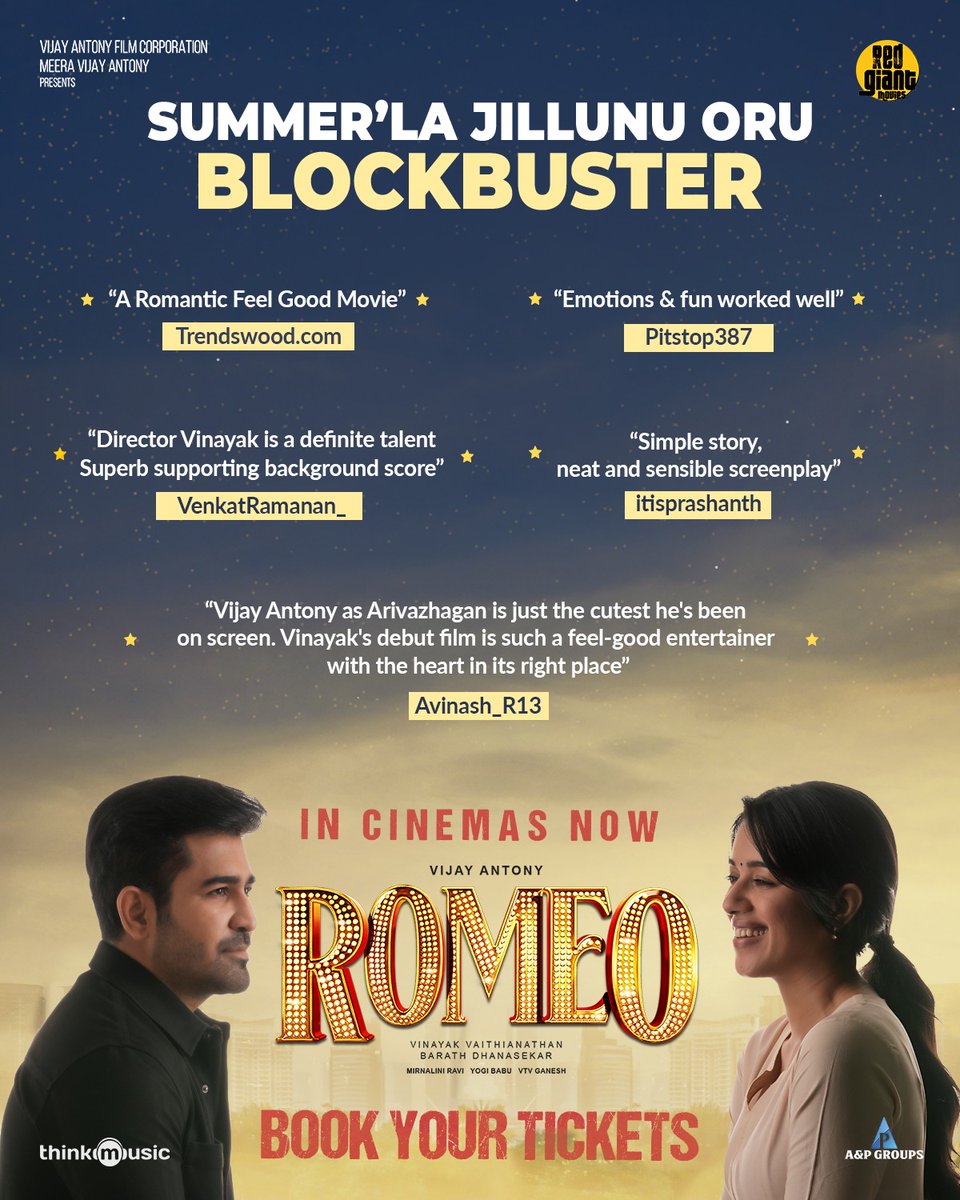 Dive into our summer blockbuster with your friends and family 🌸

Book tickets #Romeo
tr.ee/dtK9l_VZjT

#RomeoRunningSuccessfully @RedGiantMovies_ @aandpgroups @vijayantony @mirnaliniravi @actorvinayak_v @BarathDhanasek5 @kav_pandian @prorekha @thinkmusicindia @gobeatroute