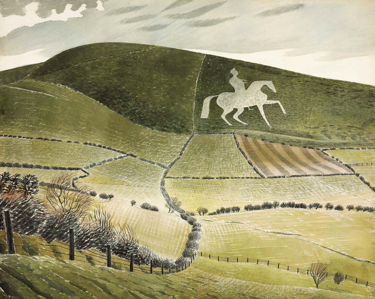 Ravilious1942's tweet photo. Chalk Figure Near Weymouth, Eric Ravilious, 1939. This equestrian figure was carved into Osmington Hill in 1808, near Weymouth in #Dorset to celebrate George III’s patronage of the seaside town. The original artwork is in the collection of @NatGalleryCan. https://t.co/LEF4UZjKEZ