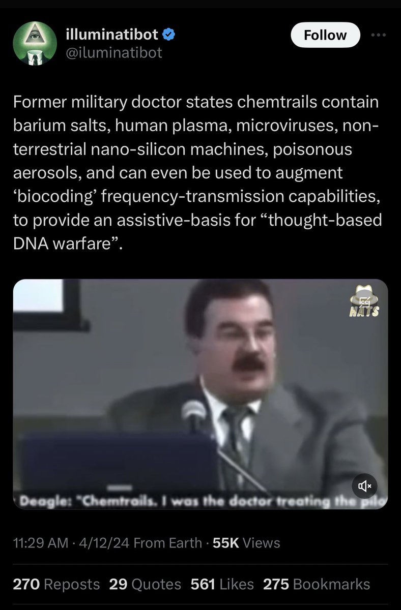 Dr. Bill Deagle, is a far right conspiracy theorist and radio show host, and has said the government created AIDS, claimed that the COVID-19 was the beginning of the apocalypse, and is also a 9/11 truther. This account has 1.7 million followers.