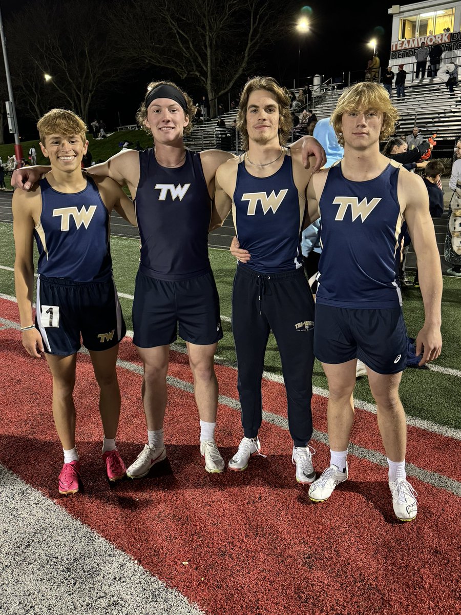 Congratulations to Brock DeBello, Malachi Walden, Brody Saylor and Kaleb Pfeifer…Park Tudor Showcase Sprint Medley Relay Champions and New School Record Holders with a blazing time of 1:37.42 (100m, 100m, 200m, 400m) @triwestsports @TriWestTrack