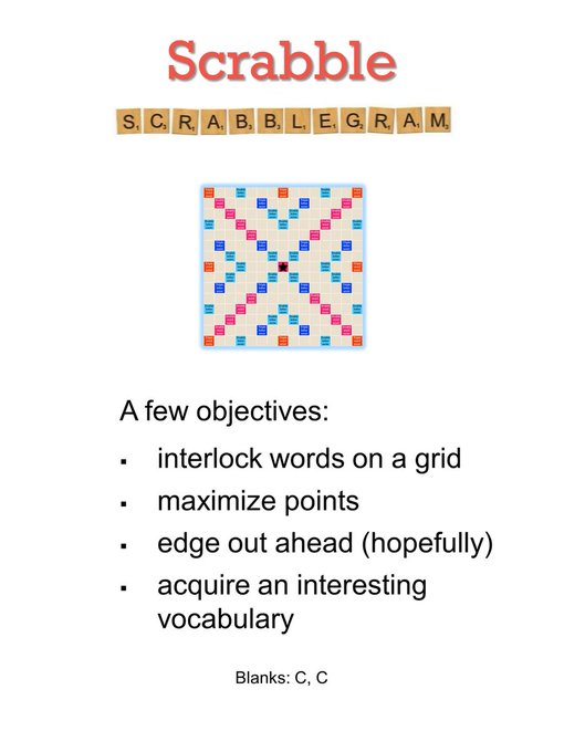 A few objectives: - interlock words on a grid - maximize points - edge out ahead (hopefully) - acquire an interesting vocabulary Blanks: C, C