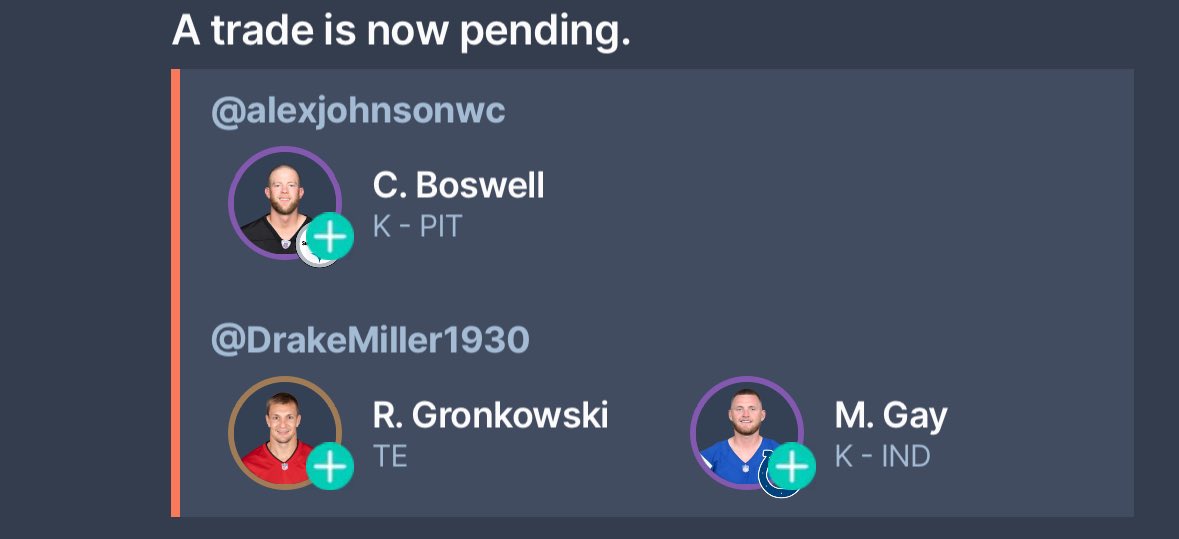 SWMODLF's tweet photo. @TorontoHusks trade @Alexjohnson_wc Chris Boswell for Matt Gay and… GRONK?!?! Is he back?? https://t.co/NR2qB94WPS