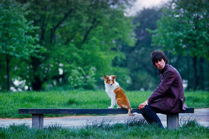 Keith Richards and his dog Ratbag on a bench in Hyde Park, 1965
