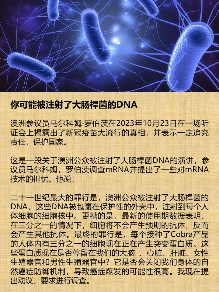 你可能被注射了大肠桿菌的DNA 澳洲参议员马尔科姆·罗伯茨在2023年10月23日在一场听证会上揭露出了新冠疫苗大流行的真相，并表示一定追究责任，保护国家。 这是一段关于澳洲公众被注射了大肠桿菌DNA的演讲，参议员马尔科姆，罗伯茨调查mRNA并提出了一些对mRNA技术的担忧。他说： 二十一世纪最大的罪