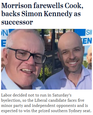 ChrisHeHim1's tweet photo. In honor of Scott Morrison, the Liberal candidate for Cook(ers) Simon Kennedy has nominated himself five times on the ticket. #auspol #CookVotes #insiders #CookByElection https://t.co/8rlBCjDnWU