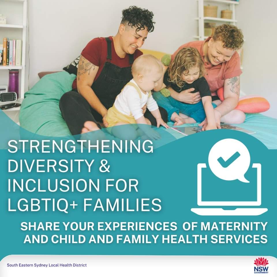 Cyrena19's tweet photo. Calling LGBTIQ+ families in NSW. Share your experiences of maternity and child and family health services to help make them safer and more inclusive 🌈
https://t.co/Z4XIrnUrUj
#LGBTIQ #rainbowfamilies https://t.co/DCwVtcJ23x