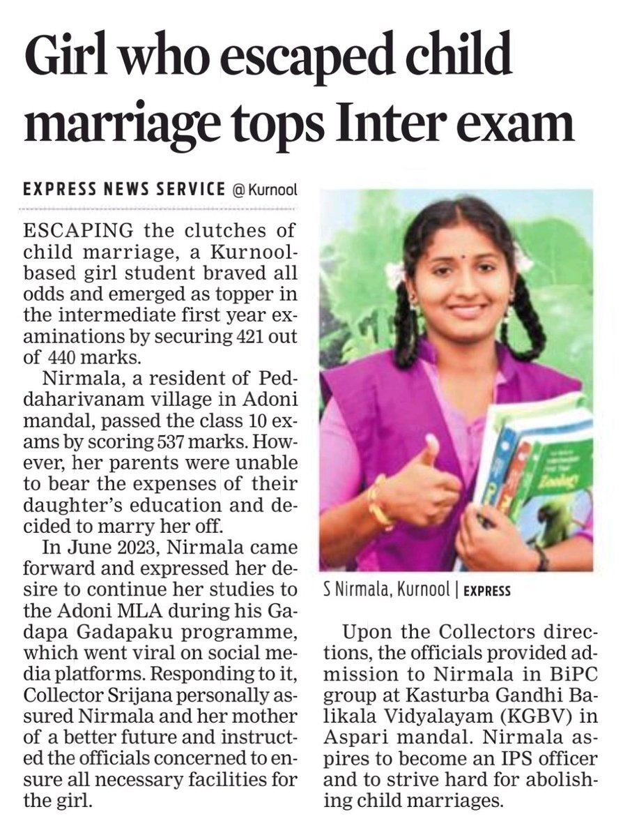 Girl who escaped child marriage tops intermediate board exams 👏👏 In June 2023, AP Govt Saved This Girl From Child Marriage & admitted in KGBV Now this girl emerged as a topper In Inter First Year Exam By Securing 421 marks out of 440