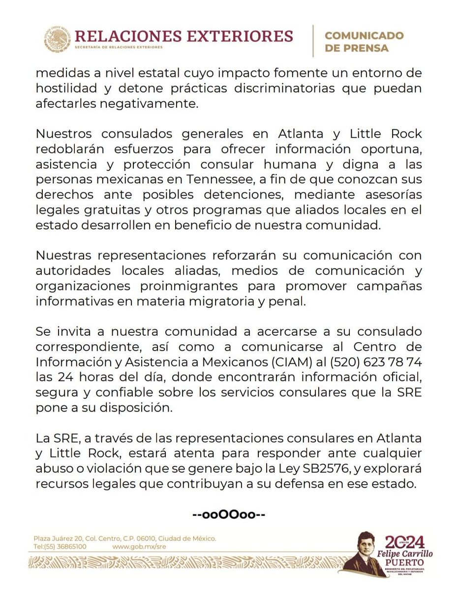 COMUNICADO. 'México reforzará asistencia y protección consular para población mexicana en Tennessee, ante la aprobación de la legislación estatal SB2576'. México, a través de la Secretaría de Relaciones Exteriores (SRE), manifiesta su amplia preocupación por la reciente…