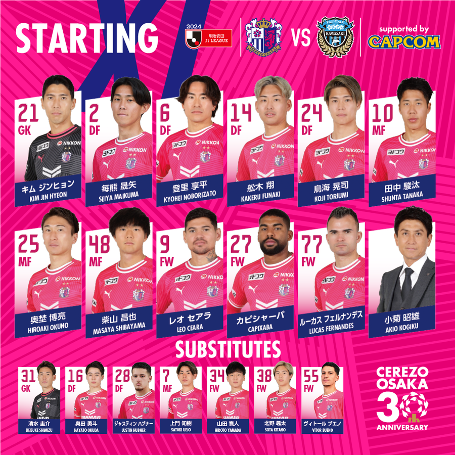 crz_official's tweet photo. 明治安田J1リーグ 第8節
4/13 15:00 KICK OFF⚽️
#セ��ッソ大阪 × 川崎フロンターレ
🐺🌸STARTING LINEUP🌸🐺
キックオフ迫る！
みなさま熱い応援よろしくお願いします🔥

試合を見るなら #DAZN で！
詳しくは👇
https://t.co/xXqK5hqXhy

#ForOurOsaka

#カプコンサポーティングマッチ https://t.co/IQw0WmwLEn