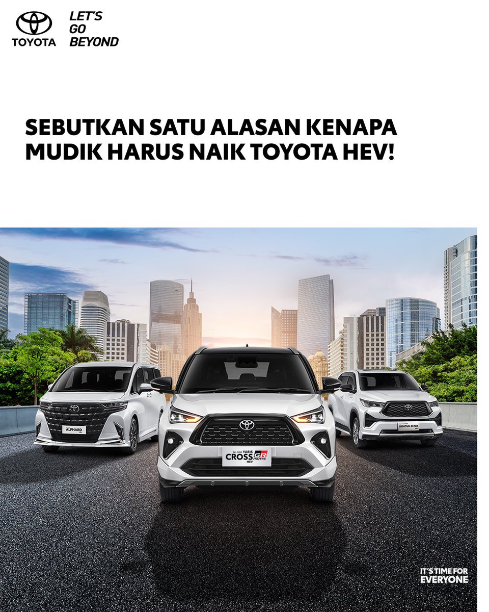 Toyota Friends, tahun ini mudik ke mana nih? Mudik naik Toyota HEV, banyak banget untungnya lho! Selain irit bensin, Toyota HEV juga rendah emisi, & pasti nyaman di perjalanan. Coba sebutkan alasan kalian kenapa harus mudik naik Toyota HEV? #ToyotaIndonesia #ItsTimeForEveryone