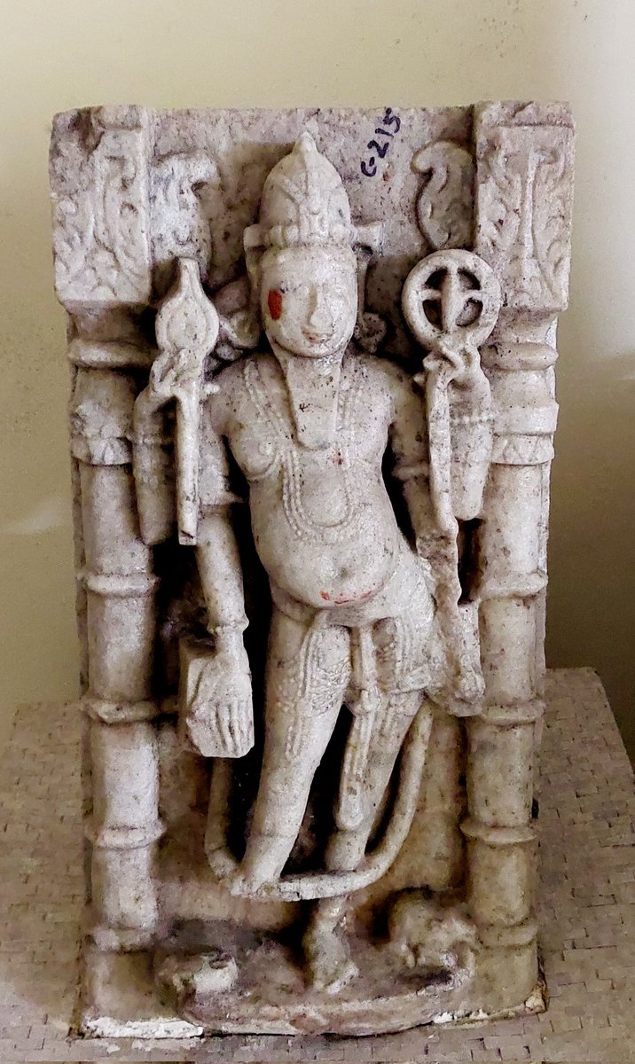 #Sculpture Chaturbhuja अग्नि. 3 hands are visible and 1 hand is broken. Mount is also missing but घी पात्र and श्मश्रु visible. • Place : Mt. Abu Museum (#Rajasthan) Found from #Chandravati • Antiquity : 10-11th c. CE (~1000 yrs old) • Material : Marble