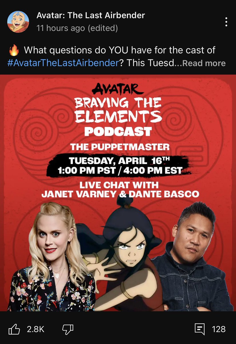 @ParamountPics @ParamountMovies @Nickelodeon @NickAnimation Dante and Janet will be having a LIVE CHAT on April 16th. comment that you want Eric Nam to be recasted as aang, adding the hashtag #BoycottATLAMovie