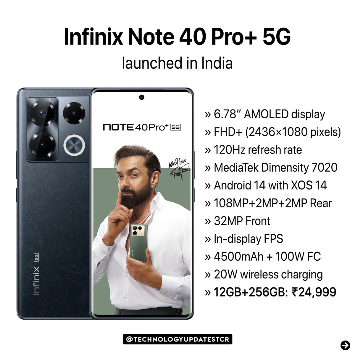 techupdatestcr's tweet photo. Infinix Note 40 Pro 5G and Pro+ 5G with 6.78″ FHD+ 120Hz AMOLED display, up to 100W fast charging, Wireless MagCharge launched in India.

#InfinixNote40ProPlus5G #InfinixNote40Pro5G https://t.co/jyxFvbVTCP