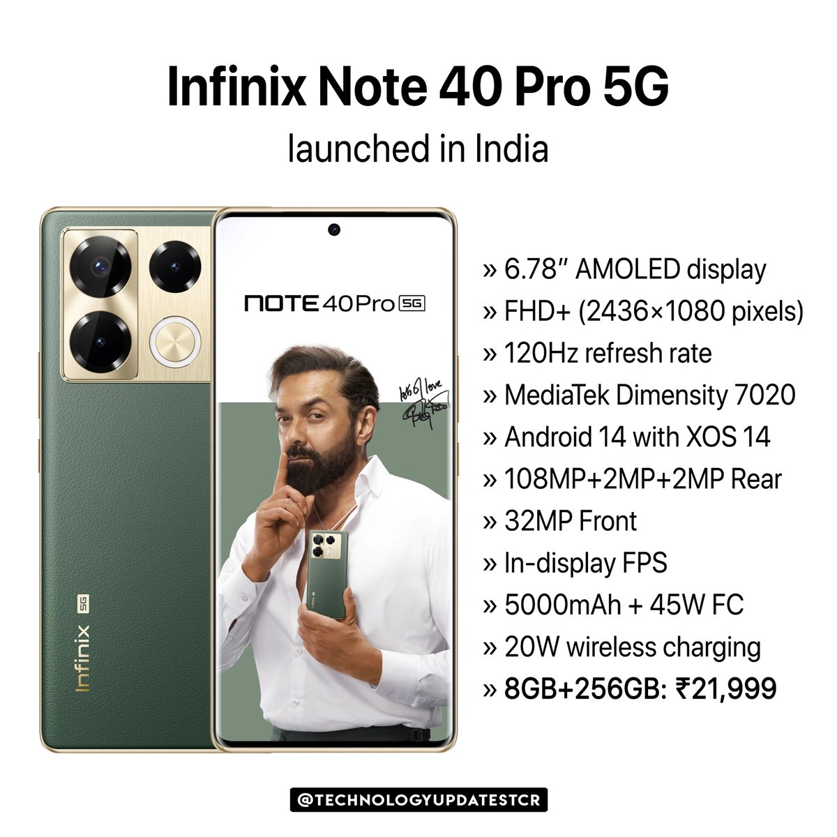 techupdatestcr's tweet photo. Infinix Note 40 Pro 5G and Pro+ 5G with 6.78″ FHD+ 120Hz AMOLED display, up to 100W fast charging, Wireless MagCharge launched in India.

#InfinixNote40ProPlus5G #InfinixNote40Pro5G https://t.co/jyxFvbVTCP