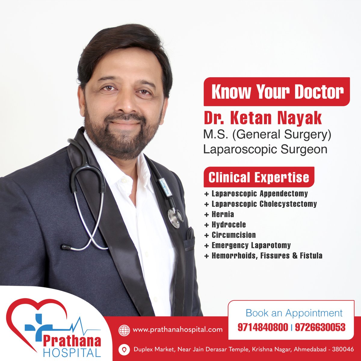 Meet Dr.Ketan Nayak - a highly trained Specialist General & Laparoscopic Surgeon at #PrathanaHospital, #Ahmedabad. He is an expert in diagnosing and treating all #General & #Laparoscopic surgery. For the best in-class #treatments contact us today!

 #LaparoscopicSurgeon