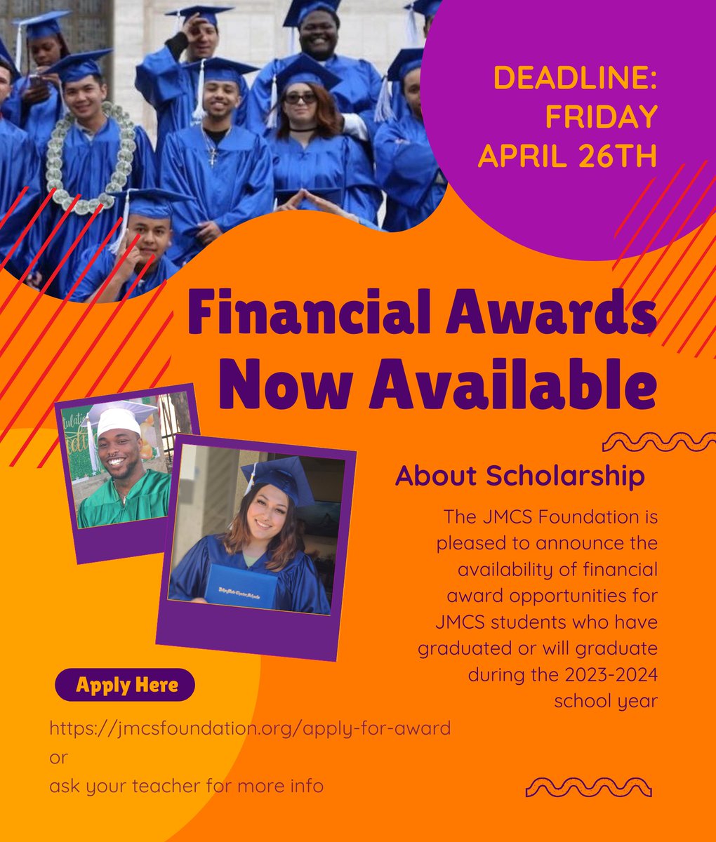 Exciting news! Calling all JMCS students graduating in 2023-24! The JMCS Foundation is thrilled to offer financial award opportunities of $500+ to support your future endeavors. Apply now and seize this incredible opportunity!  #JMCSFoundation #GraduationGoals #FinancialAwards